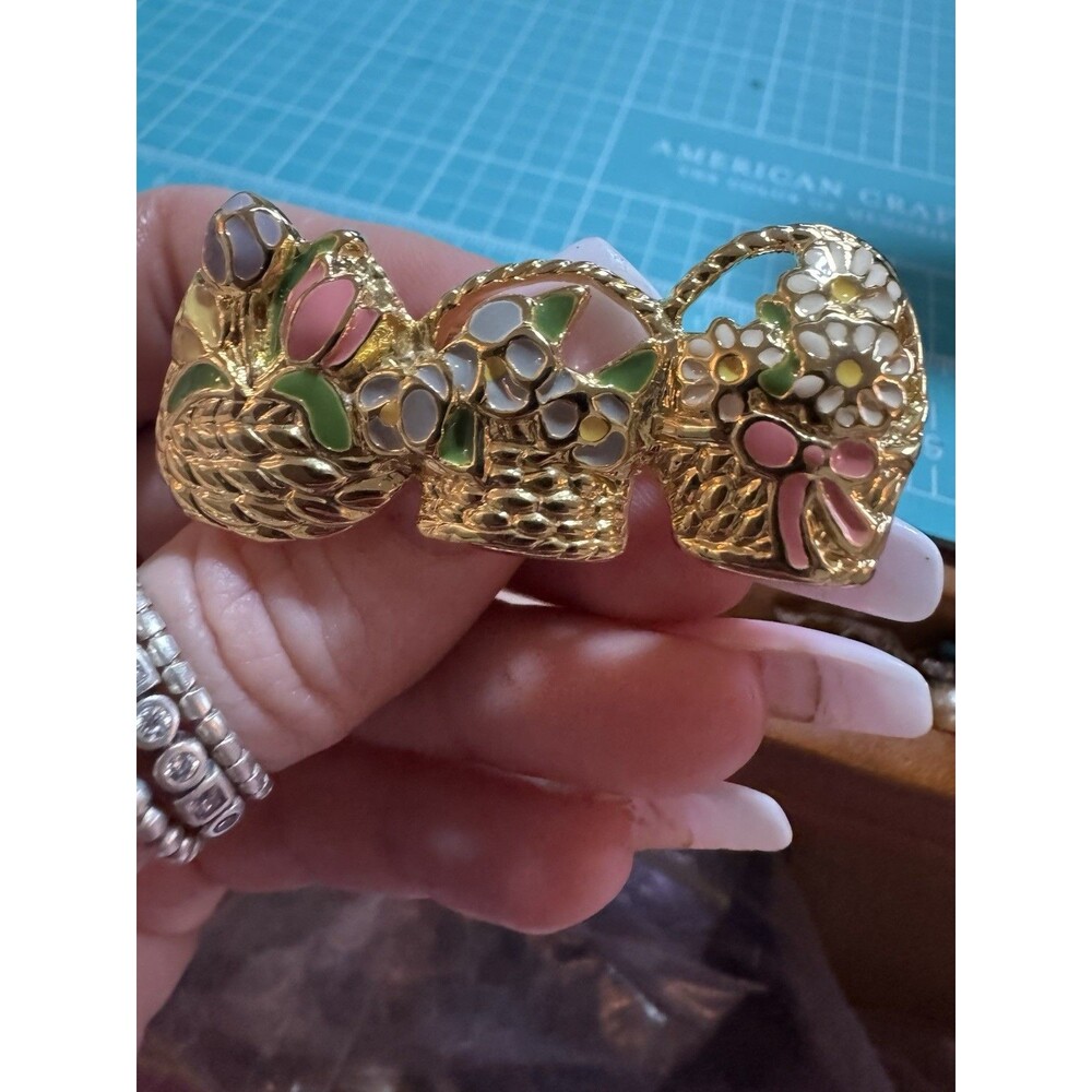 Vintage SFJ My Fair Lady Flower Baskets Gold Tone  Brooch Enamel Pink Yellow